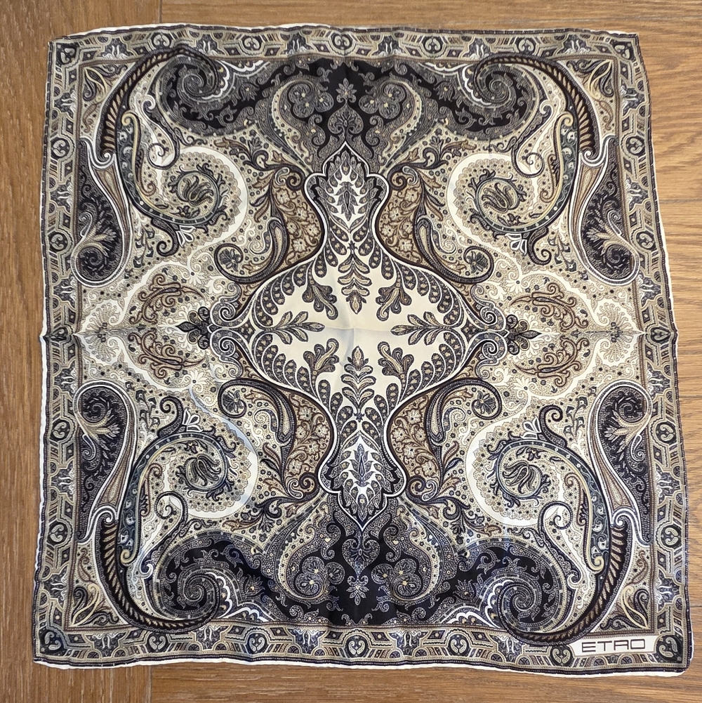 Etro Paisley Silk Pocket Square in Beige, Brown and Black